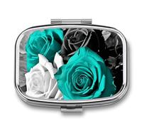Black White Teal Gray Rose Flowers Pill Box - 2 Compartment Travel Pill Organizer with Small Mirror, Portable Pillcase for Pocket & Purse, Cute Square Medicine Case, Weekly Medicine Container