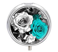 Black White Teal Gray Rose Flowers Pill Box Portable Mini Travel Pill Organizer Holder 3 Compartment Decorative Round Pills Case Exquisite Daily Vitamin Container for Cod Liver Oil