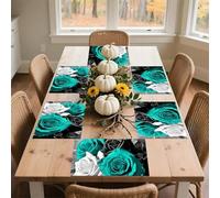 Black White Teal Gray Rose Flowers Placemats 30x45cm*6 Linen Heat Resistant Placemats Waterproof Table Place Mats Washable Wipeable Outdoor Placemat for Kitchen Dining Room Table Decorations