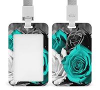 Black White Teal Gray Rose Flowers Retractable ID Badge Holder with Lanyard Vertical Badge Reel Keychain Clip Name Tag Id Card Holder Protector for Nurse Officer Teacher Security Staff Women Men