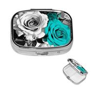 Black White Teal Gray Rose Flowers Square Metal Pill Box 2 Compartment Cute Travel Pill Organizer Case Portable Medicine Vitamin Organizer Pill Case for Women Men Travel Unique Gift