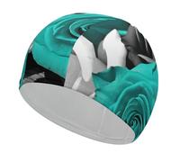 Black White Teal Gray Rose Flowers Swim Cap for Women Men Swimming Hat Bath Waterproof Pool Caps for Long Thick Curly Hair