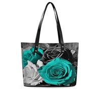 Black White Teal Gray Rose Flowers Tote Bag Large Soft Leather Purse with Zipper Lightweight Ladies Shoulder Handbag
