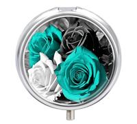 Black White Teal Gray Rose Flowers3 Compartment Travel Pill Case, Sealed Portable Pill Container Mini Size Metal Pills Box for Pocket Purse, Three Times A Day Pills Organizer for Men, Women