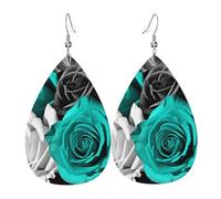 black white teal rose flower earrings women leather teardrop double sided dangle drop earrings lightweight ear accessories jewelry birthday gift