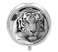 Black White Tiger Pill Box 3 Compartment Portable Travel Pill Case with Mirror Round Metal Medicines Storage Container Pocket Medicine Box to Hold Vitamins Fish Oil