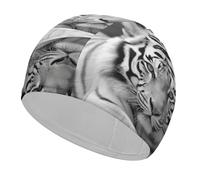 Black White Tiger Swim Cap for Women Men Waterproof Bathing Caps Keep Hair Dry Elasticity Adult Swimming Caps Comfortable Long Hair Swim Hat Non-Slip Fabric Swimming Cap