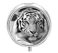 Black White Tiger Travel Pill Box Case 3 Compartment Cute Pill Organizer Metal Pill Holder with Mirror Small Medicine Organizer Daily Pill Container for Purse Pocket Portable Meds Box