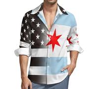Black White U.S.A Chicagos Flag Mens Shirts Long Sleeve Hawaiian Shirt Button Down Summer Tops 6XL