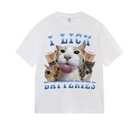 Black White Unisex T-Shirt with Wacky Cat Meme and I Lick Batteries Graphic for Casual Fashion