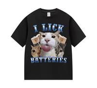 Black White Unisex T-Shirt with Wacky Cat Meme and I Lick Batteries Graphic for Casual Fashion