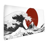Black White Wave Gaming Mouse Pad XXL Japanese Red Sun Extended Big Large Desk Mat Non-Slip Rubber Base Stitched Edge Long Keyboard Mousepad for PC Computer Laptop,35.4×15.7 Inches