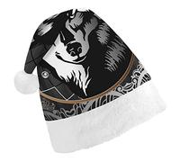 Black White Wolf in Dreamcatcher on Dark Grey Background Christmas Hat, Santa Hat, Xmas Comfort Holiday Hat for Adults, for Christmas Party New Year Festive Holiday Home Decorations