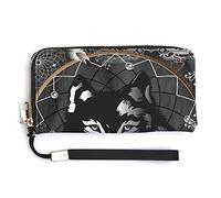 Black White Wolf in Dreamcatcher on Dark Grey Background Long Clutch Wallet, Long Handbag with Removable Wristlet Strap, PU Leather Zip Purse, Credit Pass Case Card-Holder for Men Women