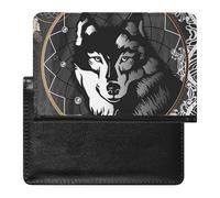Black White Wolf in Dreamcatcher on Dark Grey Background Women's Passport Protector, Men's Passport Protector, PU Travel Passport Protector for Women Men Worker 5.8 x 3.9 x 0.4 inch
