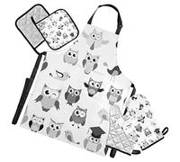 Black WhiteTribal Ethnic Owls Seamless on White 5 Pcs Set Cooking Apron Heat Insulated Oven Mitts with Pot Holder Pad, Kitchen Oven Gloves Protectors Mat for Grilling Baking
