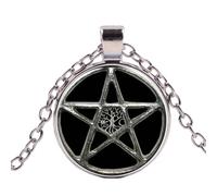 Black Wicca Pentagram Magic Amulet Necklace Simple Tree of Life Round Glass Cabochon Pendant Necklace Vintage Women Men Jewelry