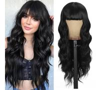 Black Wig with Bangs, Wavy Curly Wig for Women, Natural Black Wavy Wig, Skin Friendly Synthetic Fibers for Festivals, Holidays, 26 Inch
