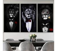 Black Wild Lion In A Suit Canvas Painting Smoking A Cigar Animal Posters Prints Wall Art Picture for Room Home Decor 20x35cm(8x14in) x3 Frameless