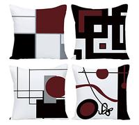 Black Wine Red Geometric Decorative Cushion Pillow Covers Set of 4 20" x 20" Modern Geometric Grey Black and Red Grid Stripe Decor Irregular with Hidden Zipper Home for Couch Bed