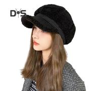 (black) Winter Octagonal Cap Thick Plush Short Brim Contrast Color Keep Warm Peaked Cap Literary Retro Style Headwear for Work Travel Daily Wear