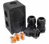 Black Wiska 206 Box with 3x Wago 221-413 Lever Connectors and 3x ESKV Glands - Weatherproof IP66 for Outdoor Floodlights and Cable Wiring