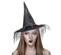 Black Witch Hats with Cobweb Veils Halloween Wizards Costume for Adults Women Girls Sorceress Cosplay Hats Spiderweb Design Magician Fancy Dress Up Caps Party Masquerade Headwear Drama Stage Accessory