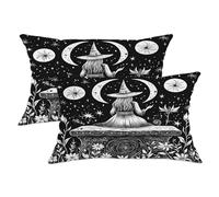 Black Witch Throw Pillow Covers Set of 2, Celestial Moon Stars Decorative Cushion Cases, Halloween Farmhouse Decor for Home Sofa Bed Couch 20x12 Inch