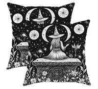 Black Witch Throw Pillow Covers Set of 2, Celestial Moon Stars Decorative Cushion Cases, Halloween Farmhouse Decor for Home Sofa Bed Couch 12x12 Inch