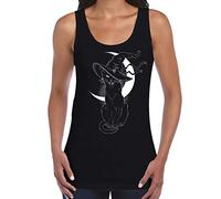 Black Witches Cat with Hat Halloween Womens Tank Vest Top (Medium, Black)
