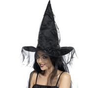 Black Witches Hat Ladies Halloween Deluxe Fancy Dress Witch Hat With Netting