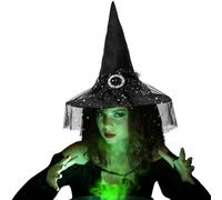 Black Witches Hat with Veil - Black Witch Hat Adult or Kids with Silver Stars and Moon Veil Detail - Halloween Accessories Women and Girls Halloween Costume Accessories