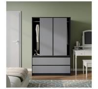 (Black with Grey Drawers) 180cm 3 Sliding Door 4 Drawer Wardrobe Clothes Storage Hanging Rail Bedroom