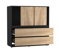 Urbn-Living Urbnliving 120Cm Height Black With 3 Sliding Oak Door 4 Drawer Bedside Cabinet Storage End Unit Bedroom Furniture