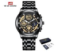 (black, With Packaging) VA VA VOOM Fashion Luminous Quartz Watches Men Business Watch Male Stainless Steel Mesh Belt Skeleton Quartz Wrist Watch Relogio Masculino Male Clock