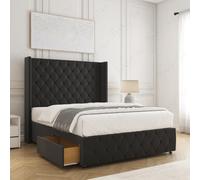 (Black (without Mattress), 4ft Small Double) Ruby Divan Double Bed Frame with Mattress Included Plush 54inch Wingback Chesterfield Headboard 2 Storage Drawers Footend Side