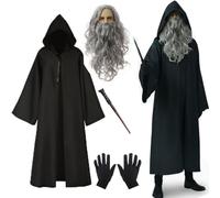 Black Wizard Costume for Adult, Men Hooded Cloak Magician Magic Cape 5-Piece Sorcerer Outfit with Gloves Robe Long Gray Wig Beard Wand Teens Medieval Cosplay for Halloween Party Dress Up Medium