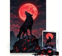 Black Wolf Howling at Red Moon Jigsaw Puzzles for Adults 1000 Mental Sharpness Restful Pleasure Precise Fit Meaningful Gift (38x26cm)