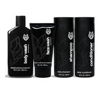 Black Wolf Nation Shower Bundle for Oily Skin - Includes Our Activated Charcoal Body Wash, Charcoal Face Wash, Exfoliating Bamboo Face Scrub and a Free Moisturizer Included