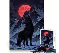 Black Wolf Under Red Moon Teenager Jigsaw Puzzles 1000 Pieces Focus Training Calm Distraction Tight Join Ideal Present (38x26cm)