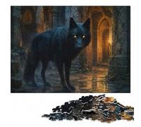 Black wolf with glowing eyes in ruins Jigsaw Puzzle for Adults, 300 Pieces | Adult Puzzle - family tabletop activity alone or together.