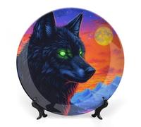 Black Wolf with Glowing Neon Eyes Bone China Decorative Plate with Display Stand Ceramic Dinner Plates Wall Decor for Home Kitchen 7inch