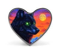 Black Wolf with Glowing Neon Eyes Heart Metal Brooches 1 Inch Decorative Badges Exquisite Decorations Pins for Clothing