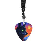 Black Wolf with Glowing Neon Eyes Vintage Pick Necklace Guitar Bass Pick Pendant &B Steel Music Jewelry for Music Lovers