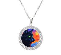 Black Wolf with Glowing Neon Eyes Women's Round Diamond Necklace Vintage Alloy Pendants Multicolored Sparkly Jewelry