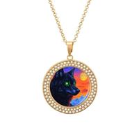 Black Wolf with Glowing Neon Eyes Women's Round Diamond Necklace Vintage Alloy Pendants Multicolored Sparkly Jewelry