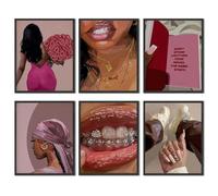 Black Woman Poster Set of 6, Fashion African American Women Wall Art, Trendy Abstract Black Girl Canvas Wall Decor Paintings Aesthetic Pictures for Bedroom Living Room 12x16 inch Unframed