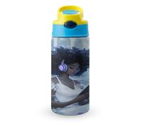 Black Woman Reading with Headphone Cute Water Bottle with Straw Lid Stainless Steel Drink Tumbler Insulated Flip Top Cups 350ml
