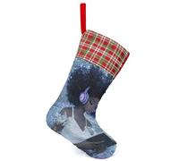 Black Woman Reading with Headphone Personalized Christmas Stockings Hanging Sequin Xmas Stocking for Tree Holiday Party Decor