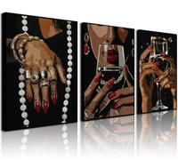 Black Woman Wine Wall Art, 3 Piece Unframed Glam Prints, 12x16 Inch | Luxe Red and Gold Palette • Chic Celebration Theme • Bold Graphic Detail • Flexible DIY Display
